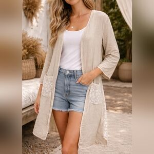 Sisily Essentials Linen Beige Open Cardigan XL Crochet Lace Pocket Boho Duster